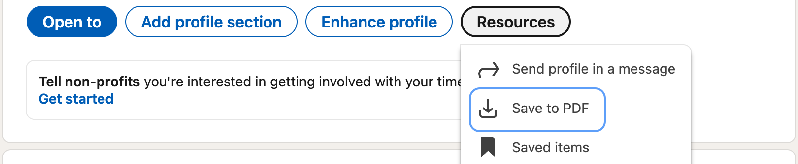 LinkedIn profile page showing Resources dropdown with Save to PDF option